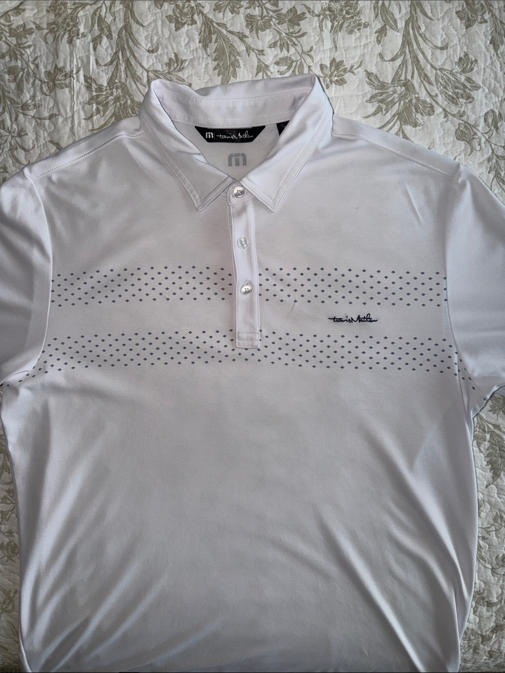 Travis Mathew White Short-Sleeve Performance Polo with Dot Stripe